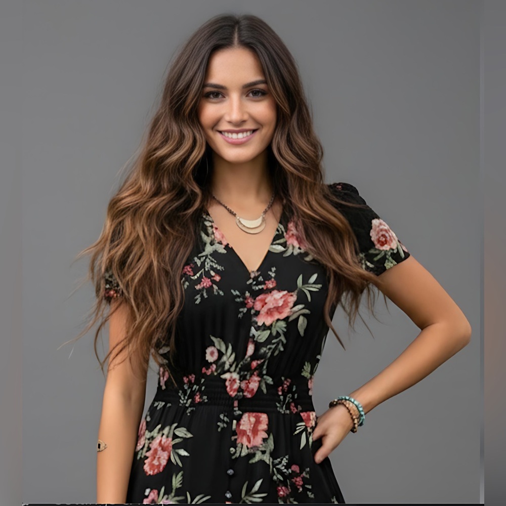 Black Boho Rose Floral Print Button Front Split Thigh Dress - Picture 2 of 14